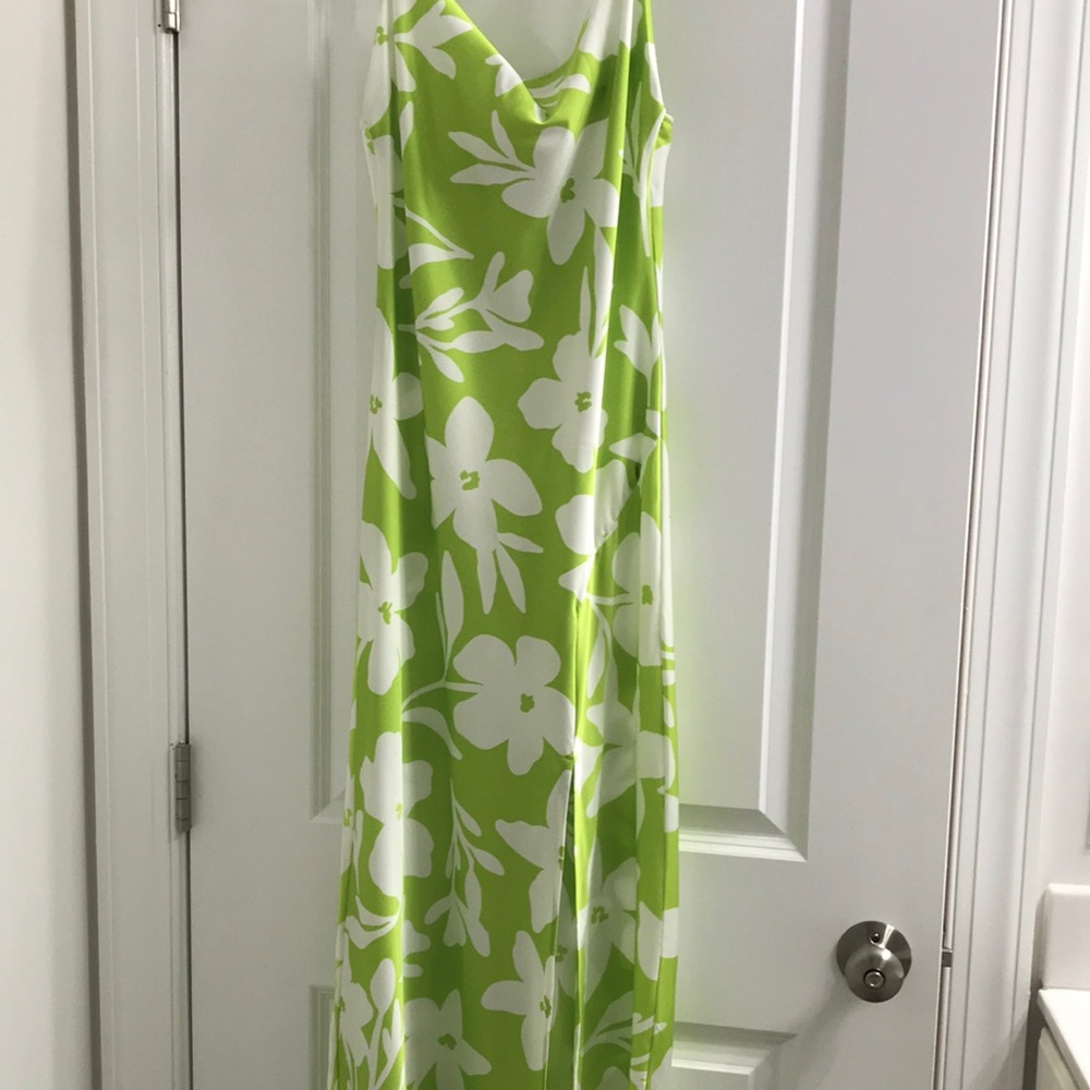 Green and White Spaghetti Strap Maxi Dress